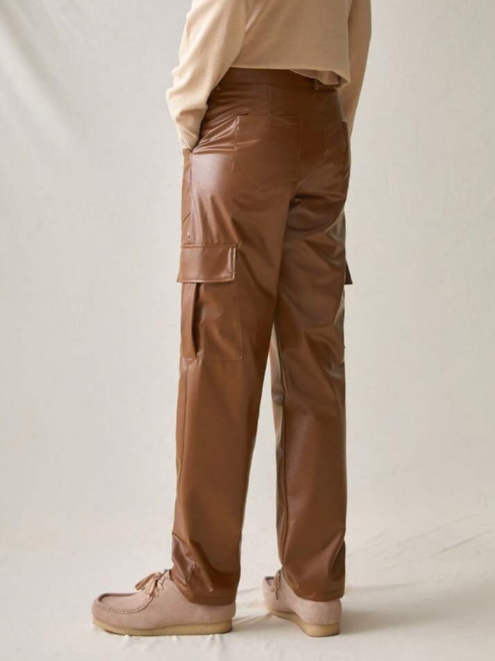 Bonga Boys Men's VCAY Solid Color PU Leather Cargo Pocket Straight Casual Woven Pants
